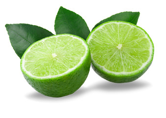 Half with slice of fresh green lime isolated on white background
