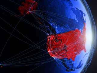 USA on blue digital planet Earth with network. Concept of connectivity, travel and communication.