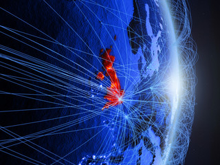 United Kingdom on blue digital planet Earth with network. Concept of connectivity, travel and communication.