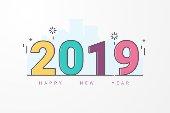 Happy new year 2019. Design  Greeting card or calendar cover template. line art style
