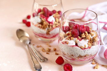 Chia seed pudding with granola, raspberry puree and fresh berries for a breakfast.