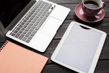 Fototapeta na wymiar Modern workplace with laptop close up view