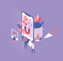 Isometric composition with tiny men and women and giant smartphone, cup and paper plane. Social media and network tools for internet marketing, promotion. Modern colored vector illustration.