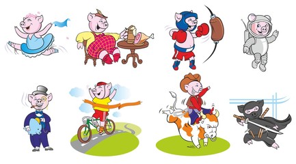 Funny pigs in different roles and poses