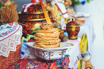 Delicious pancakes on the counter festival Maslenitsa