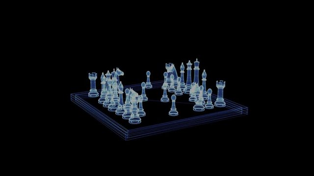 Hologram of a rotating chessboard with figures. 3d animation of a chess board game on a black background with a seamless loop