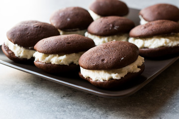Homemade Chocolate Whoopie Pies Filled with Vanilla Butter Cream.
