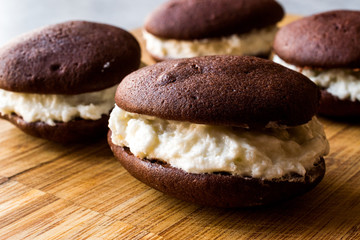 Homemade Chocolate Whoopie Pies Filled with Vanilla Butter Cream.