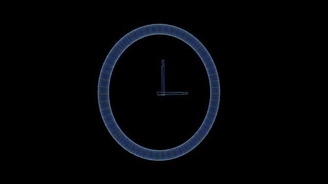 Hologram of a rotating mechanical clock. 3d animation of an analog clock on a black background with a seamless loop