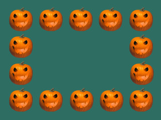 Halloween background frame from jack o lantern pumpkins on dark green. Pop art style. Creative conceptual image. Poster banner template with copy space
