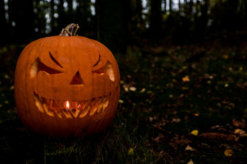 scary halloween pumpkin in the forest