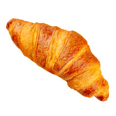 An overhead photo of a croissant, shot from above on a white background, isolated with a clipping path