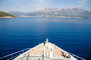 Fototapeta na wymiar Forecastle of the big white Cruise liner during a cruise to Montenegro