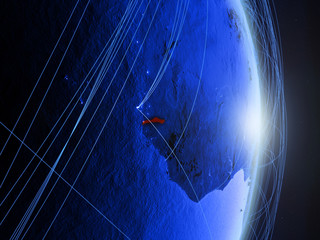 Gambia on blue digital planet Earth with network. Concept of connectivity, travel and communication.