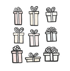gift icon set. Color simple present box with ribbon. Hand drawing . Doodle style black ink. different variations pattern