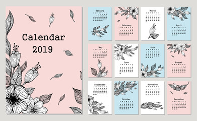 Cute monthly calendar 2019 with flowers and leaf. Hand drawn vector illustration - obrazy, fototapety, plakaty