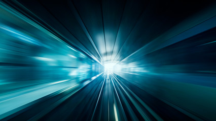 View from first railway carriage. Speed motion blur metro abstract background in the tunnel