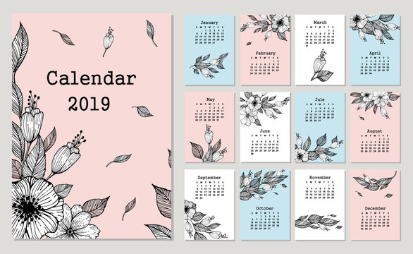 Cute monthly calendar 2019 with flowers and leaf. Hand drawn vector illustration