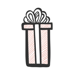 gift icon. Tall and long present box with striped pattern and with ribbon. Hand drawing . Doodle style .