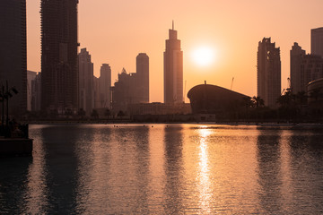 Fototapeta na wymiar Beautiful view to Dubai city downtown in the sunset, UAE