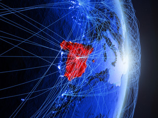 Spain on blue digital planet Earth with network. Concept of connectivity, travel and communication.
