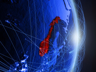 Norway on blue digital planet Earth with network. Concept of connectivity, travel and communication.