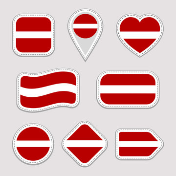 Latvia flag stickers set. Latvian national symbols badges. Isolated geometric icons. . Vector official flags collection. Sport pages, patriotic, travel, school, design elements. Different shapes.