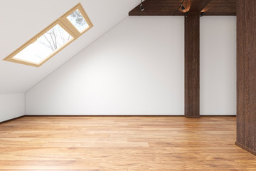 Attic loft open space empty interior with beams, windows, stairway, wooden floor. 3d render illustration mock up.