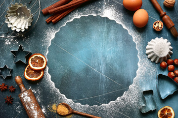 Food background with ingredients and props for baking.Top view with copy space. - obrazy, fototapety, plakaty