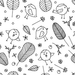 Cute vector seamless colorless background for kids room, fabric, textile. Beautiful floral doodle elements, leaves, flowers and funny birds on white background. Nice monochrome children pattern.