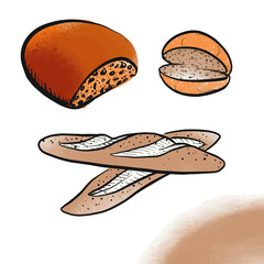 Three hand drawn breads