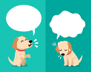 Vector cartoon character cute labrador dog expressing different emotions with speech bubbles for design.