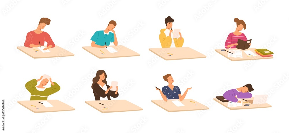 Wall mural Collection of young boys and girls sitting at desks, reading books, writing school test, sleeping. Set of children or students preparing for exams. Colorful vector illustration in flat cartoon style.