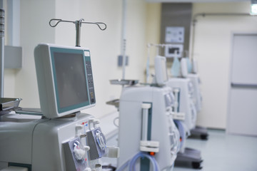 Kidney dialysis is connected to the kidney machine. Health care, dialysis, kidney transplant, medical equipment in Asian hospitals.