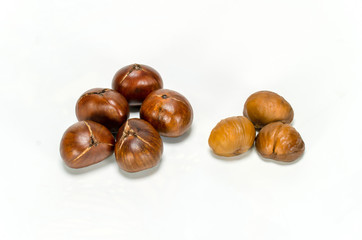 peeled roasted chestnut isolated on white background.