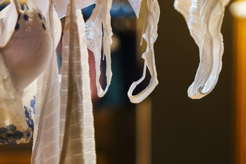 Attractive and seductive lingerie on a hanger in a women's clothing store.