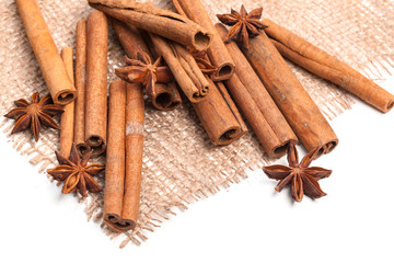 Cinnamon sticks and star anise isolated on white background