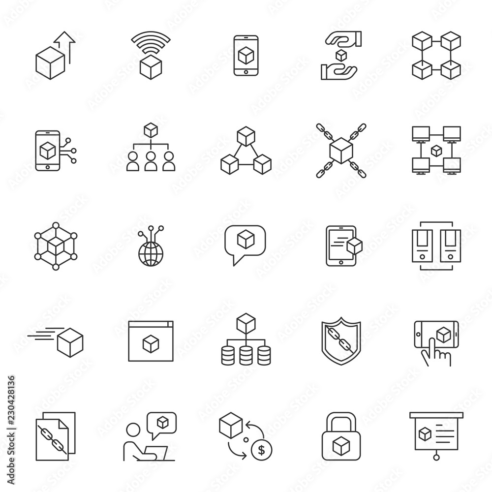 Poster set of blockchain technology system icons with simple thin line concept and editable stroke