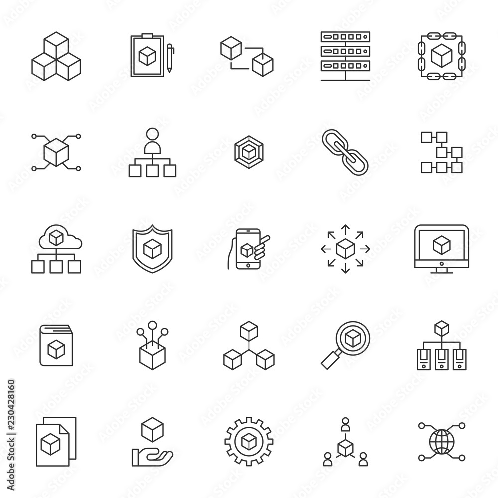 Poster set of blockchain technology system icons with simple thin line concept and editable stroke