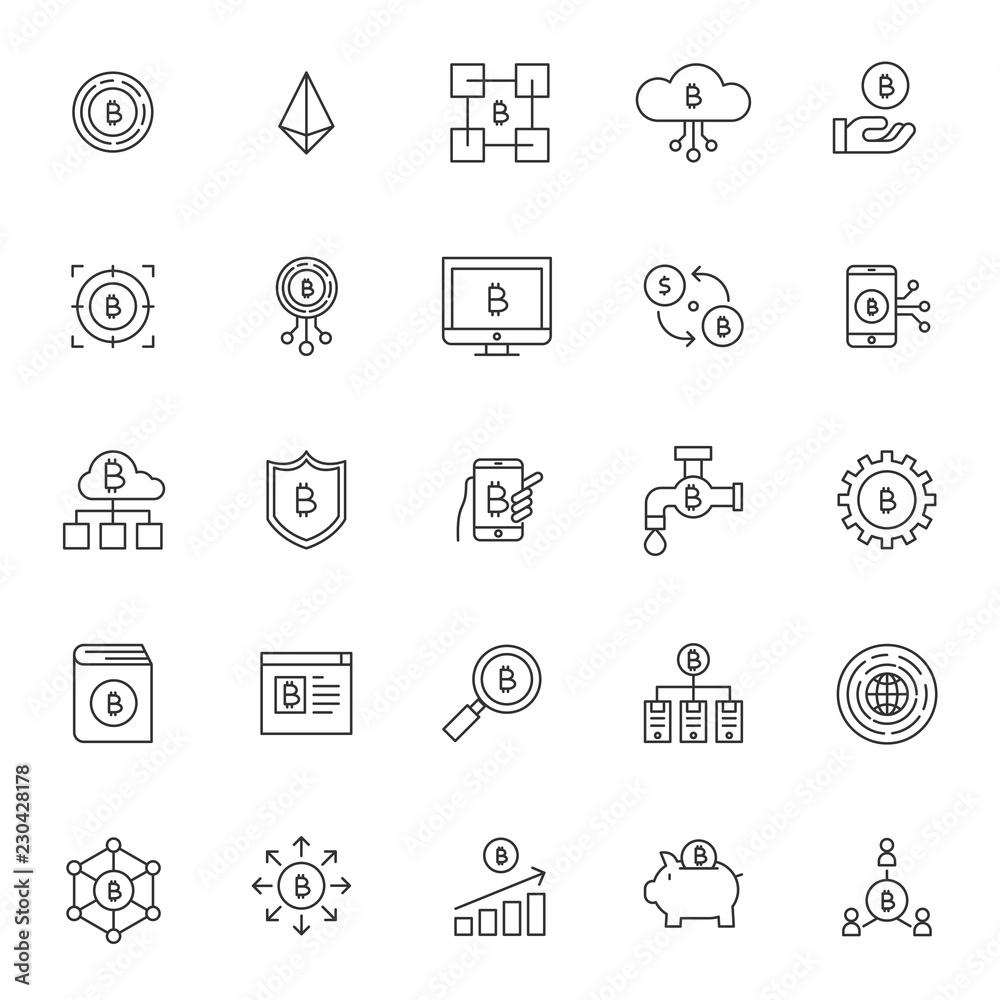 Poster basic rgbset of bitcoin technology system icons with simple thin line concept and editable stroke