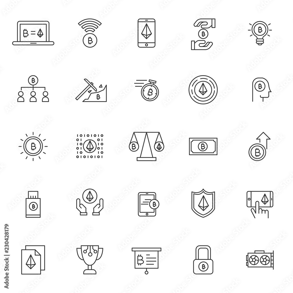 Poster set of bitcoin technology system icons with simple thin line concept and editable stroke