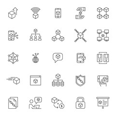 set of blockchain technology system icons with simple thin line concept and editable stroke