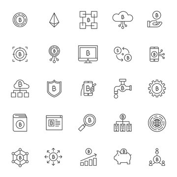 Basic RGBset of bitcoin technology system icons with simple thin line concept and editable stroke