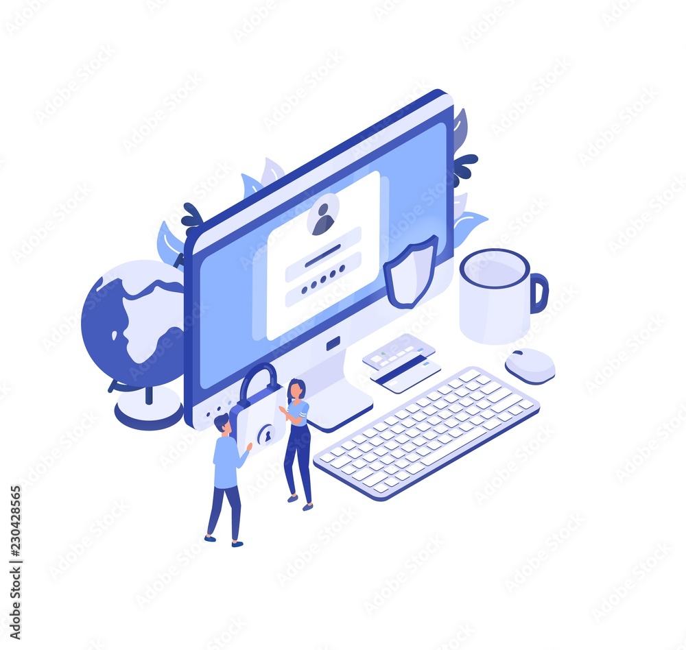 Poster Large computer with access window on screen, pair of managers carrying padlock and protective shield. Personal data protection, digital information safety. Creative isometric vector illustration.