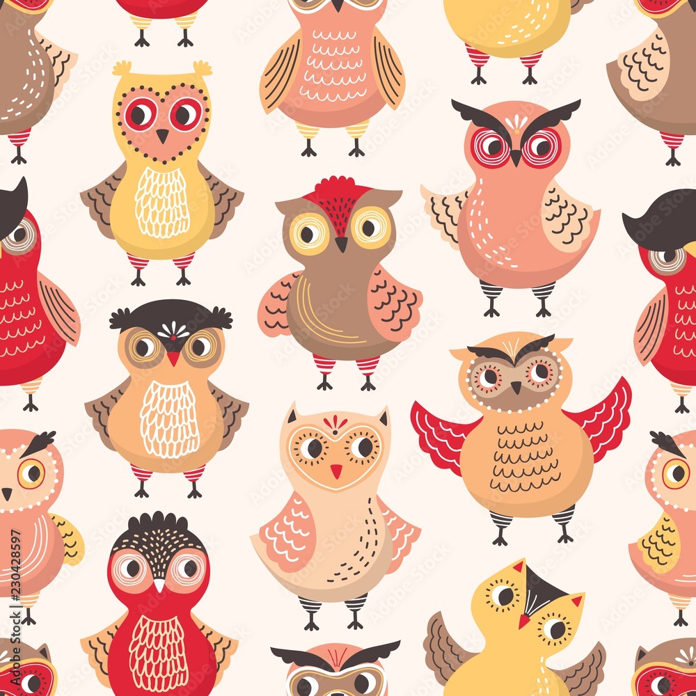 Poster colorful seamless pattern with funny smart owls on white background. backdrop with adorable owlets i