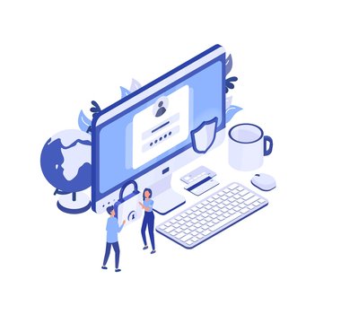 Large Computer With Access Window On Screen, Pair Of Managers Carrying Padlock And Protective Shield. Personal Data Protection, Digital Information Safety. Creative Isometric Vector Illustration.