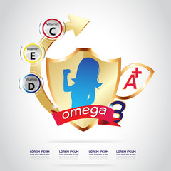 Nutrition Omega 3 and Vitamins Logo Label Vector Concept