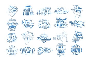 Fototapeta na wymiar Bundle of Happy New Year lettering written with calligraphic fonts and decorated with holiday elements - baubles, sparklers, clinking glasses, gift, snow globe. Monochrome vector illustration.