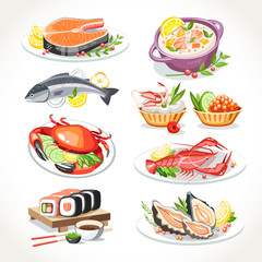 Seafood festive dishes set with salmon fish, lobster, crab, salmon soup, sushi oysters, tartlets