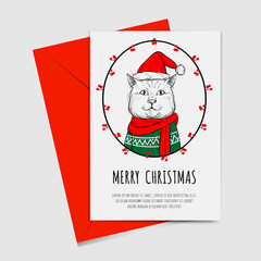 Merry Christmas with cute cat hand drawn